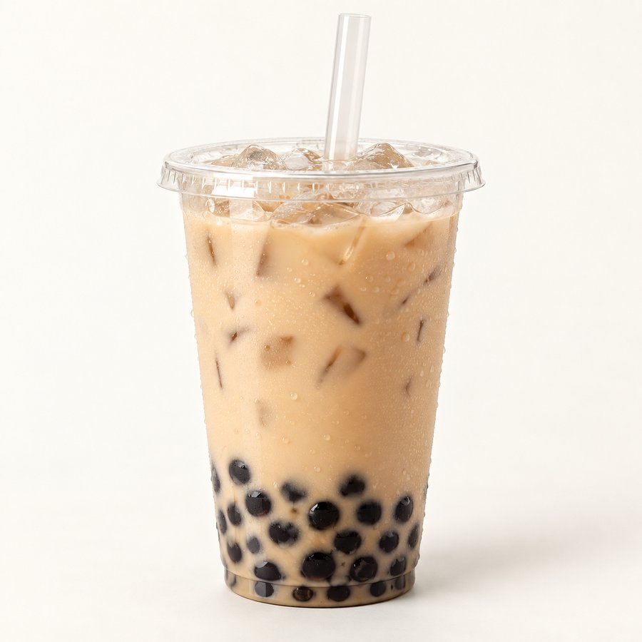 Bubble tea au lait et perles dans un gobelet transparent à emporter