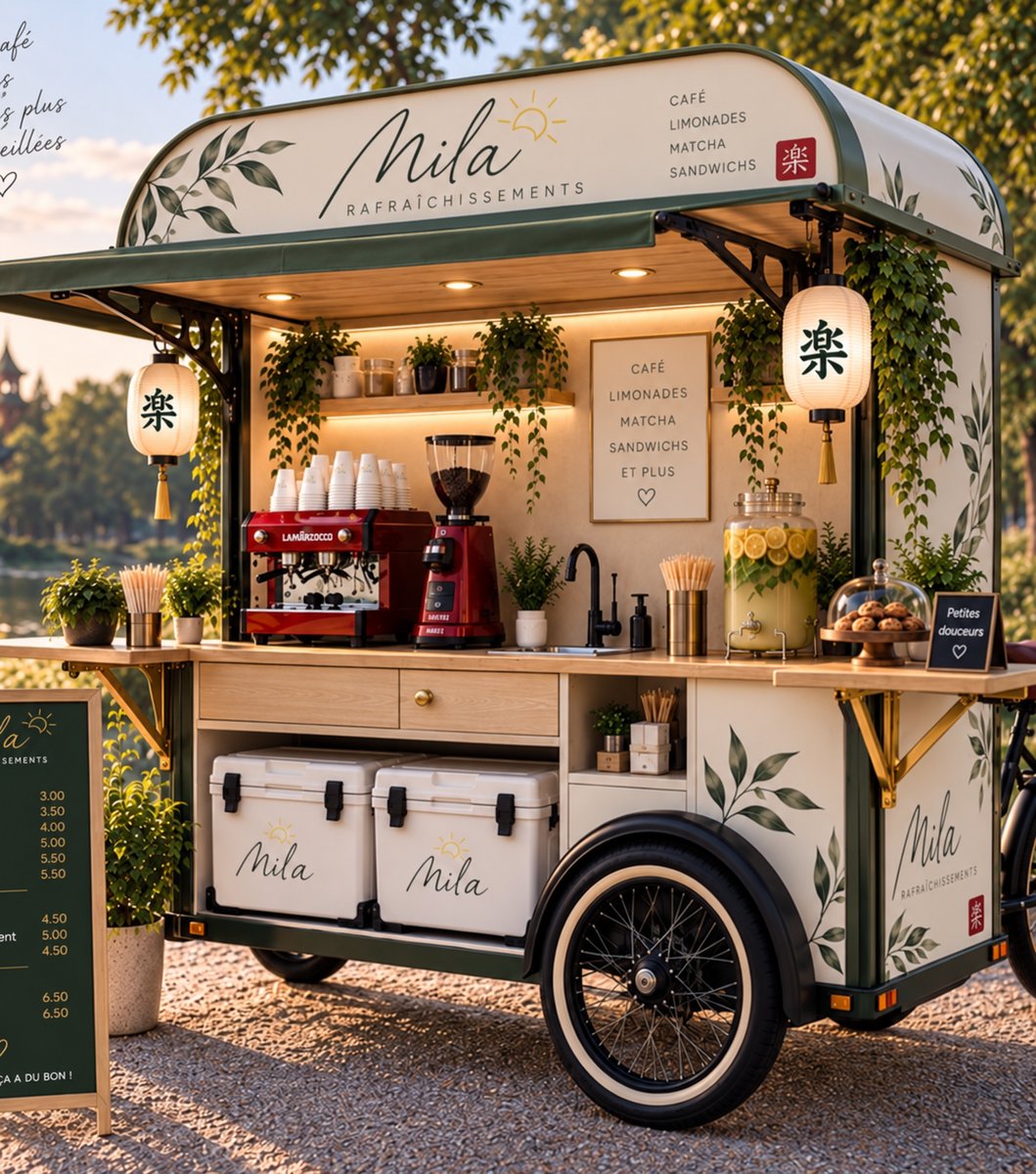 Concept de la remorque Mila : comptoir café, glacières, feuillage et roues cargo