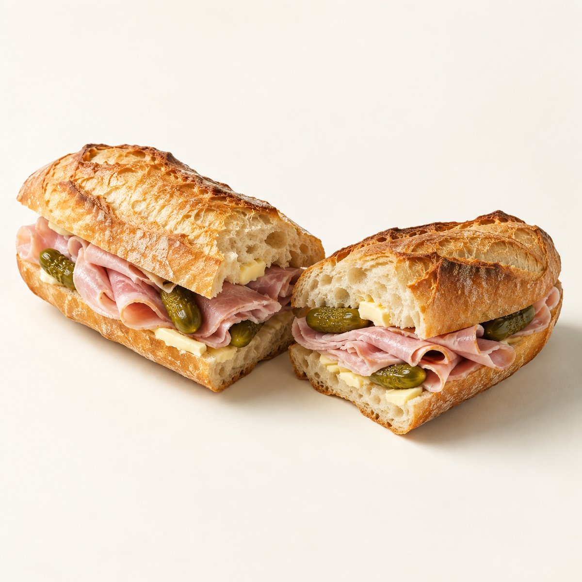 Sandwich parisien : baguette, jambon, beurre et cornichons sur fond clair