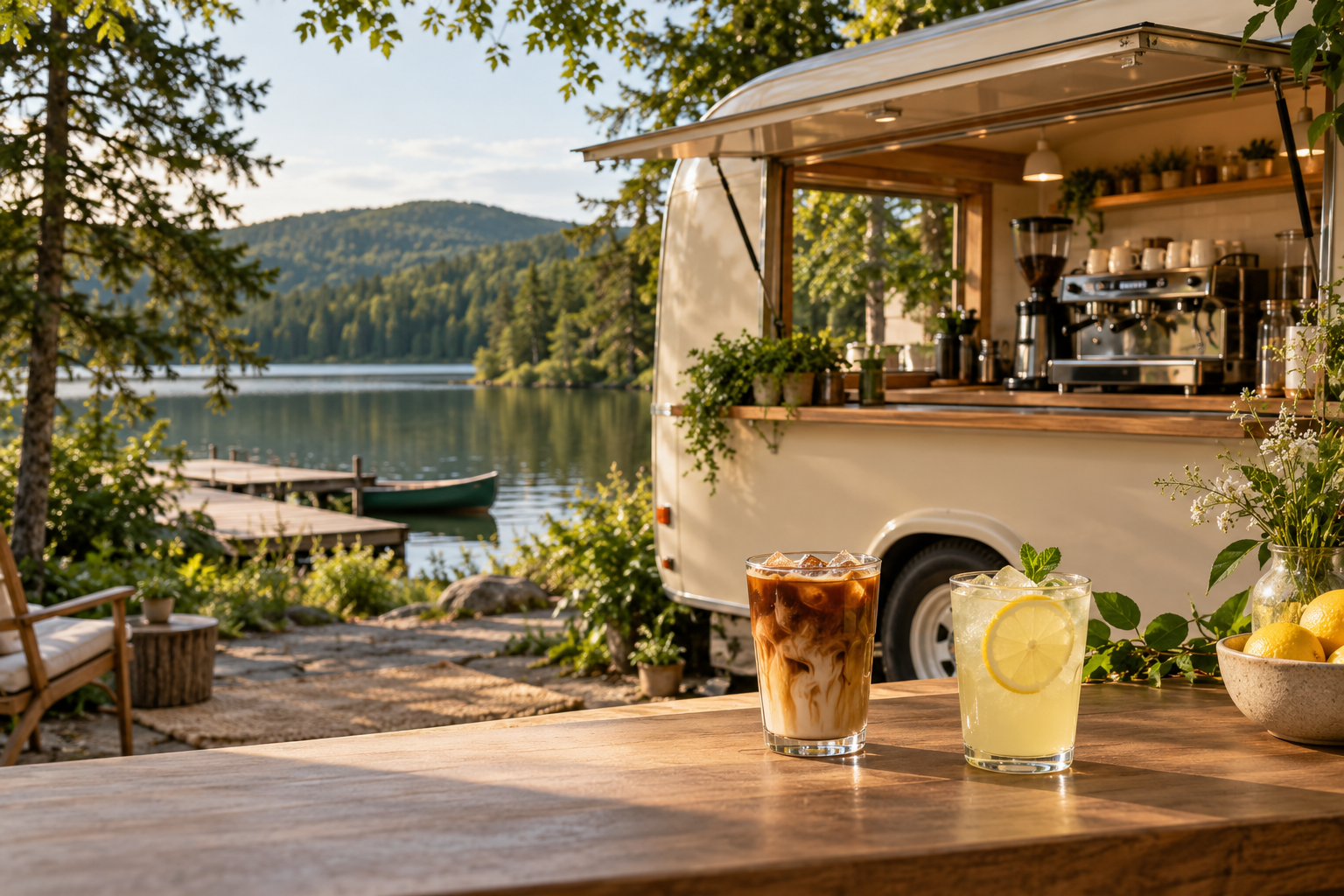 Illustration du concept : un café mobile au bord d’un lac, un café glacé et une limonade au premier plan